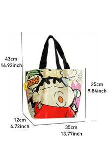 黑色蜡笔小新紧凑型手提包，可折叠扁平手提包，轻质棉质帆布，大胆人物印花，加固手柄，内有拉链口袋，可容纳杂货、书籍、旅行必需品，可重复使用，可机洗，适合动漫粉丝和收藏家的礼物 - 黑色 - 查看 9