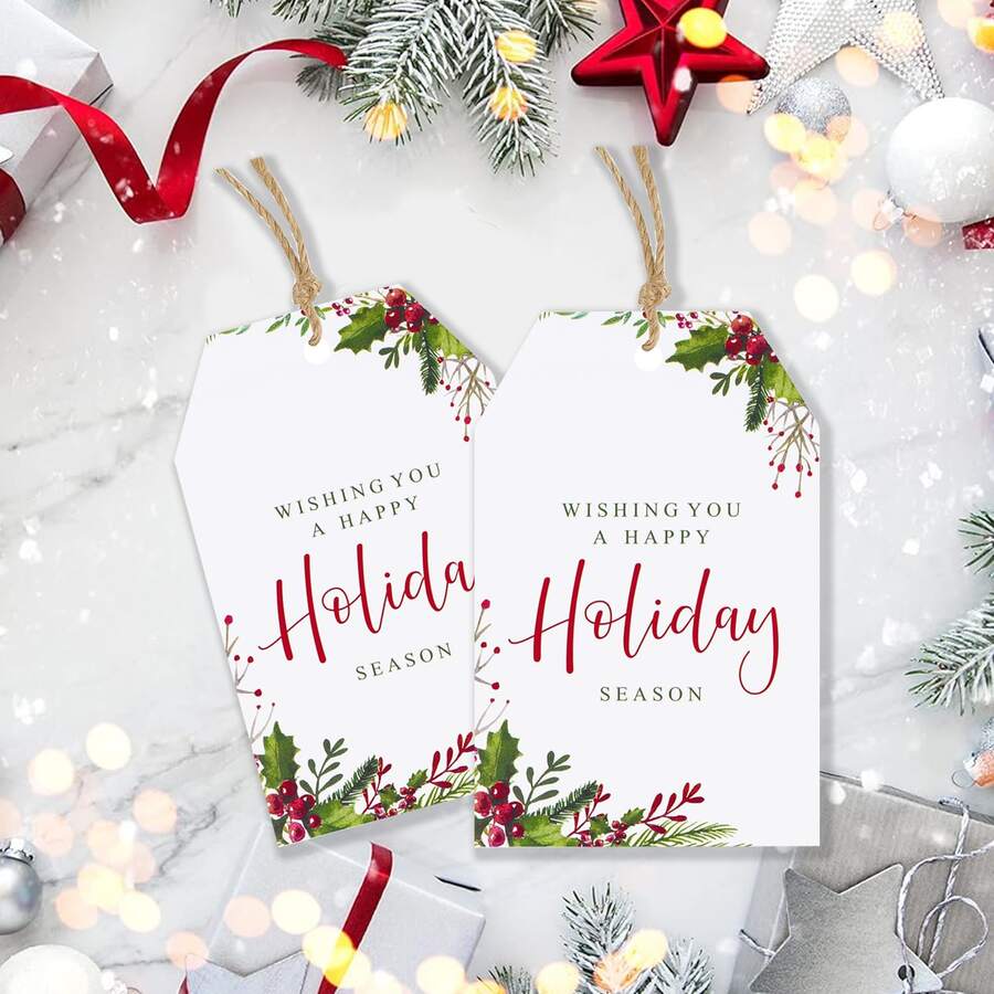 50Pcs Holiday Gift Tags With String -Merry Christmas Gift Tags Happy Holidays Season Gift Tag Holly Christmas Gift Wrapping Tag Xmas Labels For Present Goodie Bag Holiday Christmas Party Decor - Multicolor - View 1
