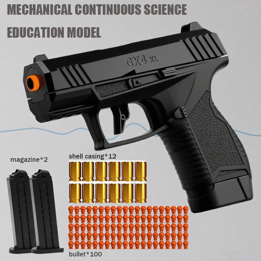 Semi-Automatic Scientific Educational Toy Gun, Featuring Automatic Loading And Shell Ejection. The Set Includes One Shooting Body, Two Magazines, 100 Plastic Bullets And 12 Shells. - 黑色 - 查看 1