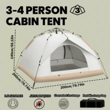 3-4 Person Automatic Pop-Up Tent With Fiberglass Pole, Square Oxford Cloth Camping Shed, Quick-Set 3 Second Design, All-Season Waterproof Zip Open And Close For Camping, Travel And Beach - 米白色-兩門無窗 - 查看 5