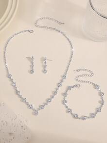 4件套优雅时尚婚礼首饰套装，包括项链、耳环和手链，镶钻新娘婚礼首饰套装，适合新娘、伴娘、正式场合及情人节配饰