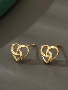 一对优雅简约交织小巧心形耳钉 - 金黃色 - 查看 5