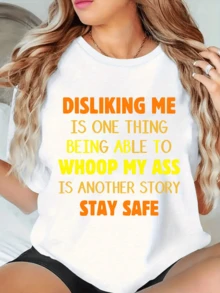 Plus Size Women Clothes,"Disliking Me Is One Thing Being Able To Wh Oop My,(" Gradient Text Print,220g 100% Cotton Casual Printed T-Shirt,Graphic Tees Women,Going Out Tops,Summer Outfits,Tops For Women,Unisex - 白色 - 查看 1