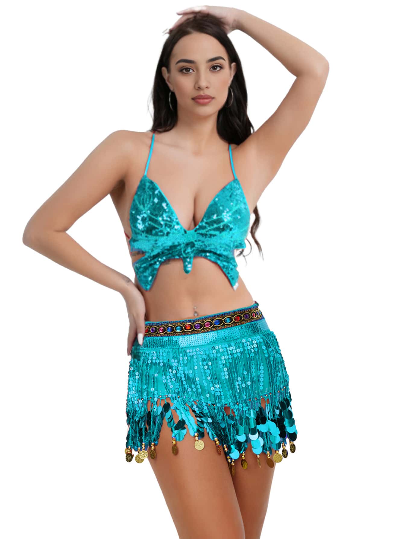 Conjunto de atuendo de actuación con lentejuelas y flecos, sujetador colorido + cadena para la cintura, disfraz de escenario de discoteca, disfraz de danza del vientre - Multicolor - Ver 1
