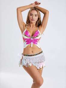 Conjunto de atuendo de actuación con lentejuelas y flecos, sujetador colorido + cadena para la cintura, disfraz de escenario de discoteca, disfraz de danza del vientre - Multicolor - Ver 6