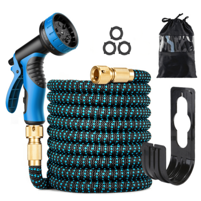 25/50/75/100FT Expandable Garden Hose Kit With 10-Function High-Pressure Spray Nozzle,  3/4" Solid Brass Leakproof Fittings, All-Season Outdoor Hose For Cleaning, Gardening & Forestry, Forestry Applications, Vibrant Patterned Hose, Brass Connectors, Green/Blue Color