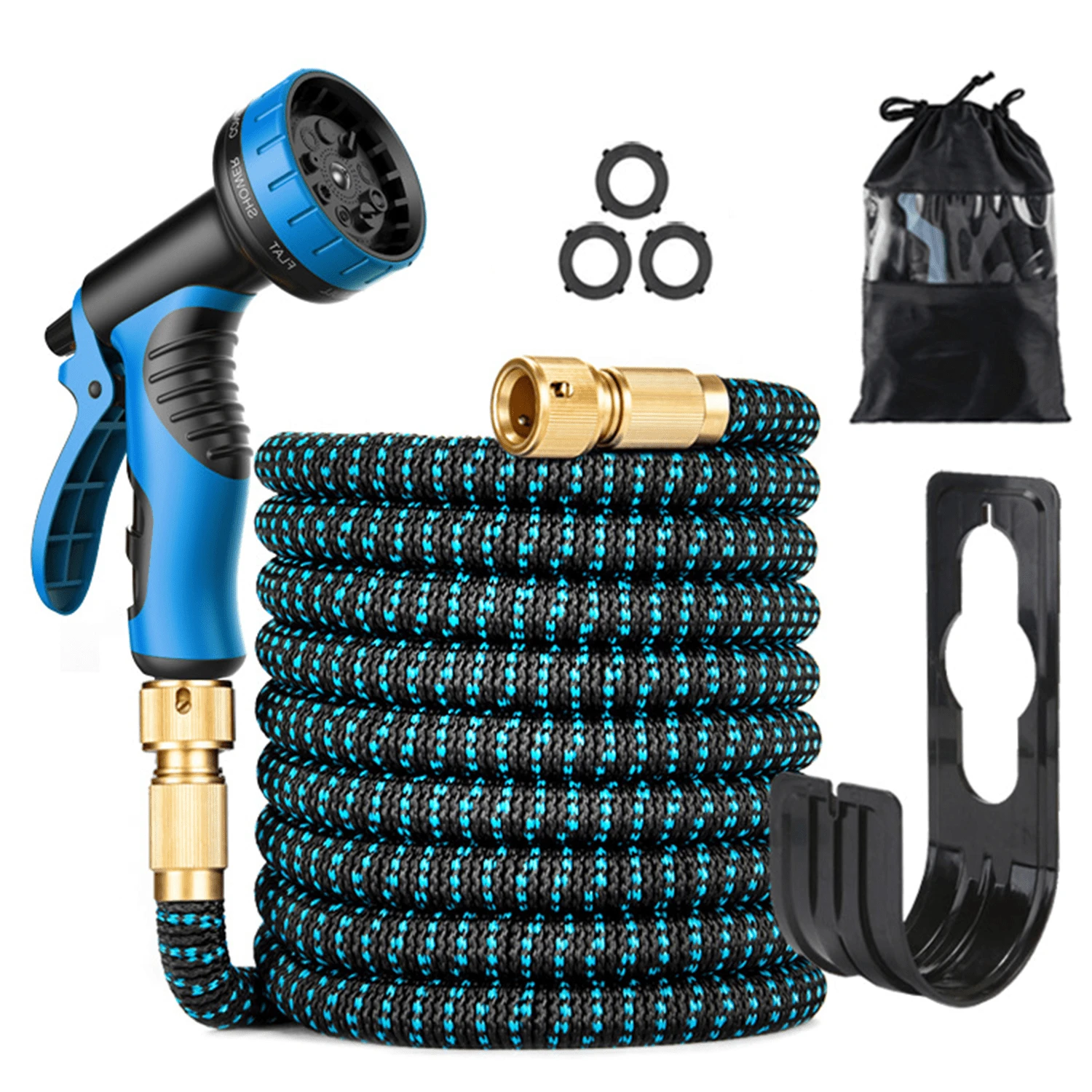 25/50/75/100FT Expandable Garden Hose Kit With 10-Function High-Pressure Spray Nozzle,  3/4" Solid Brass Leakproof Fittings, All-Season Outdoor Hose For Cleaning, Gardening & Forestry, Forestry Applications, Vibrant Patterned Hose, Brass Connectors, Green/Blue Color - 藍色 - 查看 1