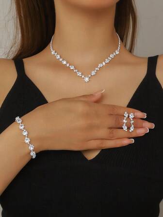 4 delar elegant och trendigt smyckeset för bröllop, halsband, örhängen, armband, smyckeset med strass, lämplig för brudar, brudtärnor, formella tillfällen