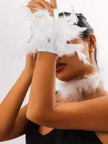 2 piezas/1 pieza Brazalete nupcial de estilo bohemio con plumas falsas - Elegante, encantador, lujoso, accesorio de moda para mujer - Adecuado para fiestas, reuniones, citas, festivales, cosplay, fotografía, actuaciones de baile, decoraciones de boda, regalos para amigos [Halloween, Navidad, temporada de vuelta al colegio]