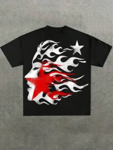 Flaming Star & Face Graphic  T - Shirt, Flame & City Style, Round Neck Short Sleeve Casual Cotton T-Shirt, Summer, Back To School - 黑色 - 查看 1