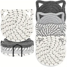 4 Stück/Set Katzenohr Untersetzer, handgefertigte leuchtend rosa geflochtene Untersetzer, rutschfeste und saugfähige Getränkeuntersetzer (mit Halter), Heimdekoration, Geschenk zum Valentinstag und Muttertag