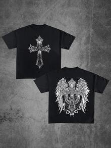 Cross With Wings Vintage Style Black T - Shirt,Comfortable Casual Short Sleeve, 220 Grams Heavyweight Cotton Printed T-Shirt - màu đen - Xem 1