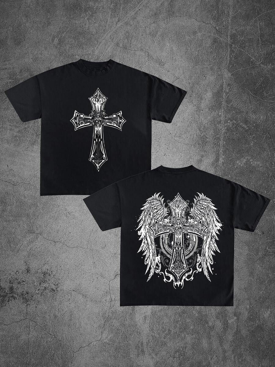 Cross With Wings Vintage Style Black T - Shirt,Comfortable Casual Short Sleeve, 220 Grams Heavyweight Cotton Printed T-Shirt - màu đen - Xem 1