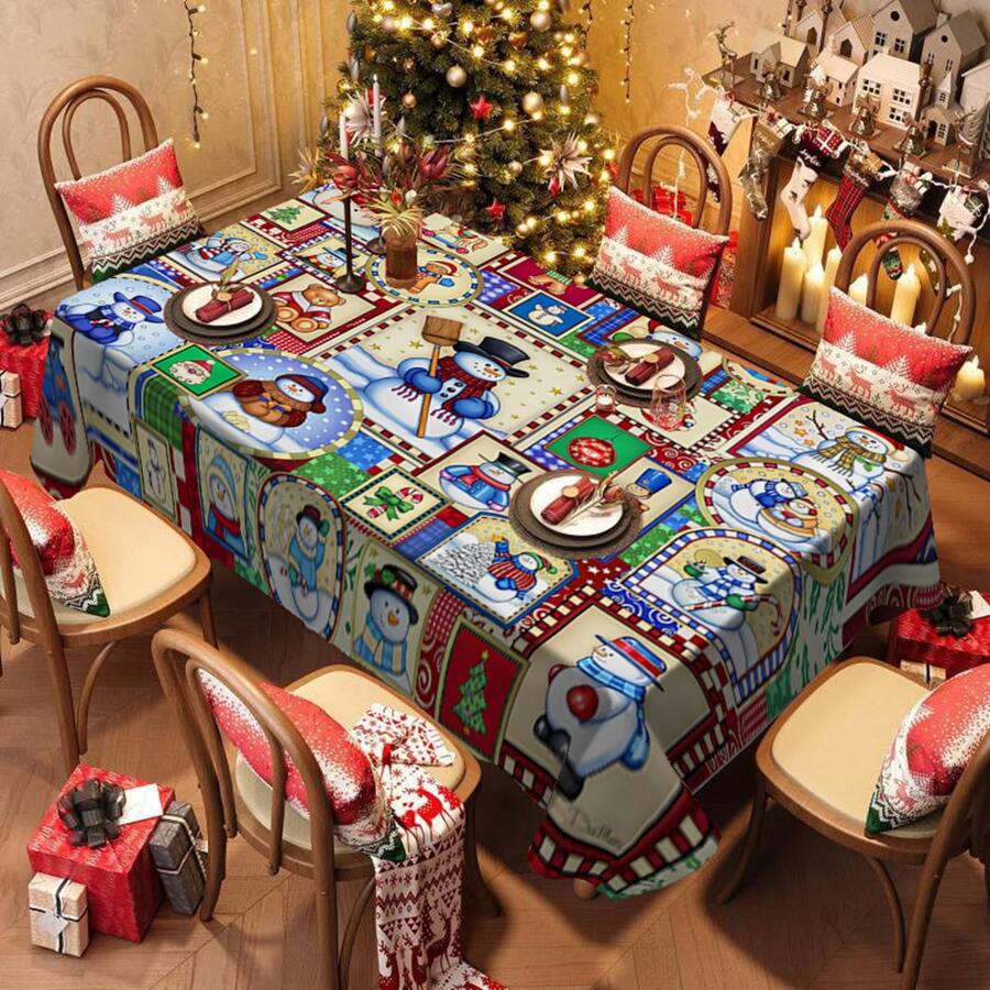 1/20 件圣诞桌布 - 带雪人的长方形桌布，圣诞树图案印花桌布，适合家庭、餐厅和派对装饰，圣诞桌面装饰，圣诞氛围装饰。 - 彩色 - 查看 1