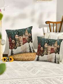 Funda decorativa para almohada con diseño de copos de nieve vintage y casa de bosque invernal - Estilo rústico navideño, funda de cojín de poliéster con cremallera para uso doméstico y al aire libre, lavable a máquina, para vacaciones (no incluye relleno de almohada)