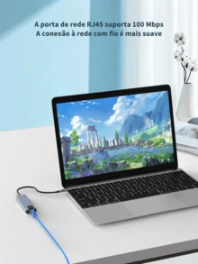 Hub Adaptador Tipo C 6 Em 1 Sd Rj45 para Notebook E Computador 2 Usb Type C 2 - Cinza - Visão 2