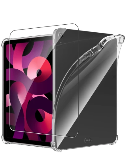 二合一平板电脑保护套：1 个防刮钢化玻璃屏幕保护膜 + 1 个防震防刮硅胶 TPU 保护套，兼容 iPad/MatePad/荣耀平板/Tab/小米 Redmi/Galaxy Tab，加厚保护包装 - 透明