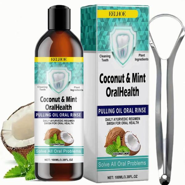 Coconut Oil Mouthwash,Natural Pulling Oil With Coconut & Peppermint Oil With Tongue Scraper,Removes Stains, Whitens Teeth, Freshens Breath, Cleans Mouth ,Teeth & Gum Care & More