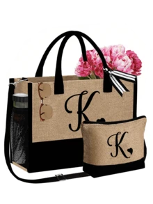 两件套女士沙滩手提包，配有可拆卸肩带，可定制A-Z字母，超大容量。肩带可根据个人喜好拆卸，包含化妆包和拉链小袋，可存放洗漱用品、零钱或文具。 - 彩色 - 查看 38