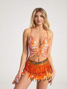 Conjunto de atuendo de actuación con lentejuelas y flecos, sujetador colorido + cadena para la cintura, disfraz de escenario de discoteca, disfraz de danza del vientre - Multicolor - Ver 5