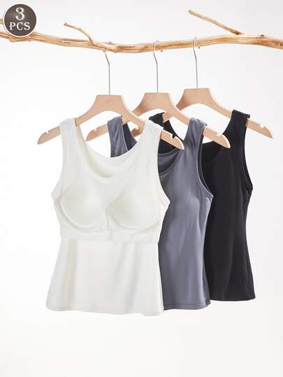 Bộ 3 món áo hai dây mảnh bằng vải rayon dành cho nữ, áo khoác mỏng, ôm sát, có áo ngực tích hợp, cần thiết cho mặc nhà, thoáng khí, thoải mái khi mặc thường ngày.