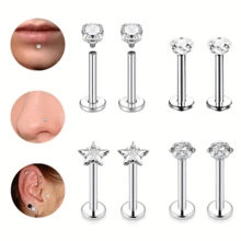8Pcs Love/Star/Square/Round Shape Clear CZ Labret Lip Rings Nose Rings Studs Stainless Steel Helix Conch Cartilage Earrings Piercing Jewelry For Women Men - Gold - View 2