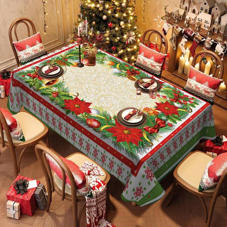 1/20 pièces Nappe de Noël - Nappe rectangulaire avec motif imprimé de fleurs et de boules de Noël. Convient pour la décoration de la maison, du restaurant et des fêtes, décoration de table de Noël, décoration d'ambiance de Noël.
