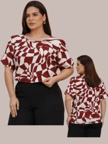 Plus Size Women's Elegant Short Sleeve Tulip Blouse Large Sizes G1 G2 G3 - Red Print - View 3