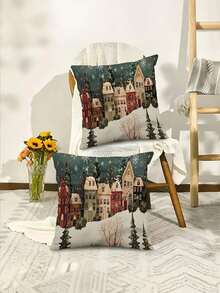 Funda decorativa para almohada con diseño de copos de nieve vintage y casa de bosque invernal - Estilo rústico navideño, funda de cojín de poliéster con cremallera para uso doméstico y al aire libre, lavable a máquina, para vacaciones (no incluye relleno de almohada)