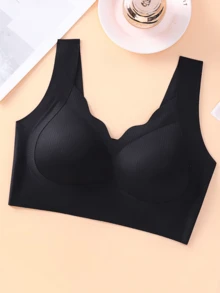 4pcs Women's Solid Color Seamless Wavy Trim Wireless Soft Support Breathable Comfortable Bras