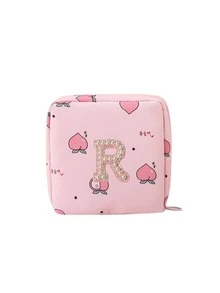 A-Z First Letter Towel Pearl Embroidered Portable Sanitary Napkin Storage Bag - Large Capacity Waterproof Cartoon Design - Suitable For Girls In Their Menstrual Period! Waterproof Cosmetic Travel Bag, Coin Wallet, Teen Girl Cash Bag