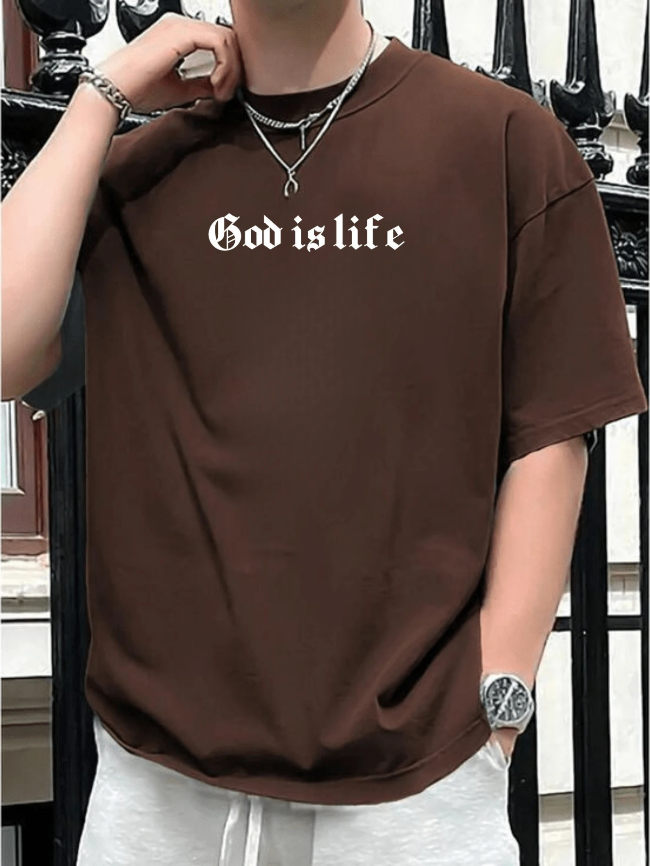 Men's Religious T-Shirt God Is Life 100% Premium Cotton New Casual Shirt - 鏽棕色 - 查看 1