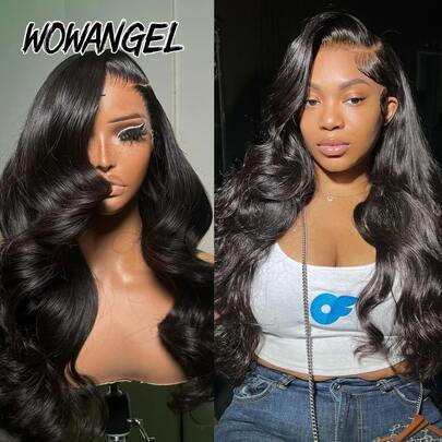 WOWANGEL Peluca frontal de encaje de 13x6 con densidad del 250%, encaje HD invisible real, onda corporal, cabello humano virgen brasileño Remy, con línea del cabello natural, piel fundida, encaje suizo sin pegamento, lista para usar, ondulada y húmeda, color #1 negro azabache, para mujeres