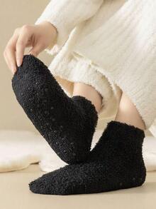 3双装（黑色+米色+咖啡色）男女通用毛绒防滑保暖冬季袜子，适合日常穿着，舒适保暖。 - 彩色 - 查看 2