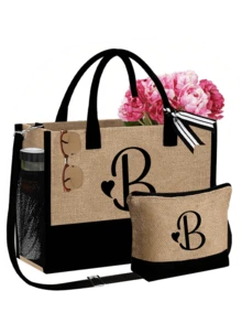 两件套女士沙滩手提包，配有可拆卸肩带，可定制A-Z字母，超大容量。肩带可根据个人喜好拆卸，包含化妆包和拉链小袋，可存放洗漱用品、零钱或文具。 - 彩色 - 查看 24