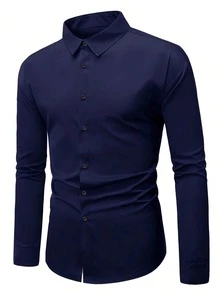 Men's Solid Color Long Sleeve Single-Breasted Casual Formal Shirt, Business Formal Style, For Fall - Navy Blue - View 5