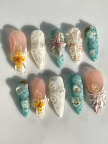 10Pcs Set Almond Shape Hand Crafted 3D Ocean Summer Floral Decor Nails, Featuring Starfish, Pearl, Seashell, Suitable For All Ladies & Girls, Everyday Matching, Gift Press On Nails Nail Supplies Nails - Multicolor - View 8