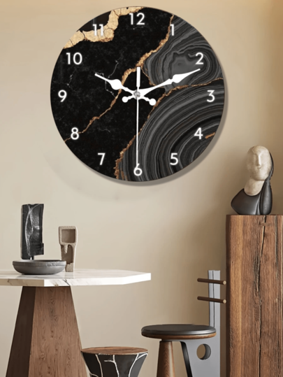 1pc Moderne Luxe Zwart Golden Marble Wand Klok Silent Non Ticking Round Wood Frame, Battery Operated (Battery Not Included) Elegante Home Art Lovers, Sophisticated Room view 2