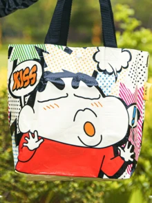 黑色蜡笔小新紧凑型手提包，可折叠扁平手提包，轻质棉质帆布，大胆人物印花，加固手柄，内有拉链口袋，可容纳杂货、书籍、旅行必需品，可重复使用，可机洗，适合动漫粉丝和收藏家的礼物 - 黑色 - 查看 4