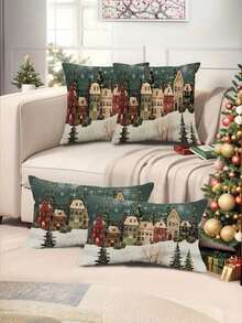 Funda decorativa para almohada con diseño de copos de nieve vintage y casa de bosque invernal - Estilo rústico navideño, funda de cojín de poliéster con cremallera para uso doméstico y al aire libre, lavable a máquina, para vacaciones (no incluye relleno de almohada)