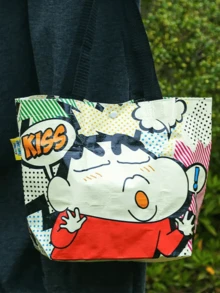 黑色蜡笔小新紧凑型手提包，可折叠扁平手提包，轻质棉质帆布，大胆人物印花，加固手柄，内有拉链口袋，可容纳杂货、书籍、旅行必需品，可重复使用，可机洗，适合动漫粉丝和收藏家的礼物 - 黑色 - 查看 3