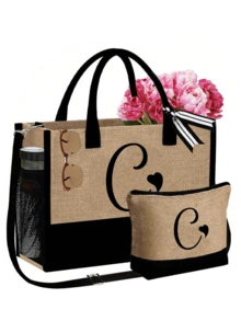 两件套女士沙滩手提包，配有可拆卸肩带，可定制A-Z字母，超大容量。肩带可根据个人喜好拆卸，包含化妆包和拉链小袋，可存放洗漱用品、零钱或文具。 - 彩色 - 查看 35