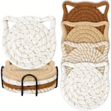 4 Stück/Set Katzenohr Untersetzer, handgefertigte leuchtend rosa geflochtene Untersetzer, rutschfeste und saugfähige Getränkeuntersetzer (mit Halter), Heimdekoration, Geschenk zum Valentinstag und Muttertag