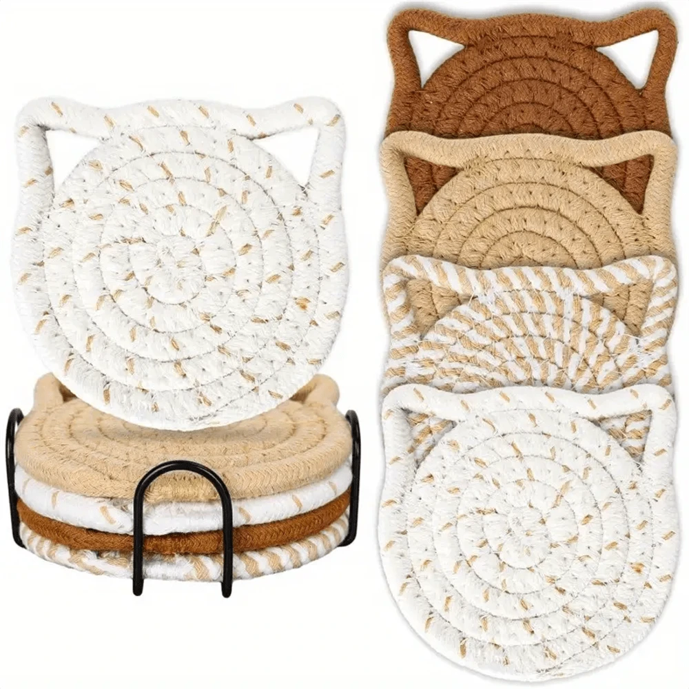 4 Stück/Set Katzenohr Untersetzer, handgefertigte leuchtend rosa geflochtene Untersetzer, rutschfeste und saugfähige Getränkeuntersetzer (mit Halter), Heimdekoration, Geschenk zum Valentinstag und Muttertag