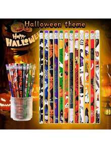 24 支万圣节铅笔，带橡皮擦的卡通铅笔，用于绘画、素描、书写，万圣节学校教室礼物，12 种款式，万圣节 HB 铅笔套装