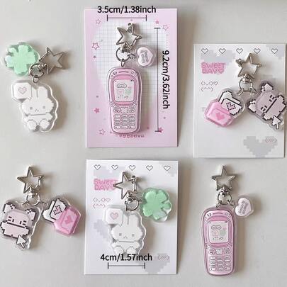 1pc Cute Cartoon Pixel Art Keychain - Kawaii Retro 8-Bit Character With Heart And Clover, Light Pink And White With Black Eyes, Bunny Design, Suitable For Bags, Keys, Christmas Gift