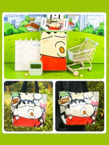 黑色蜡笔小新紧凑型手提包，可折叠扁平手提包，轻质棉质帆布，大胆人物印花，加固手柄，内有拉链口袋，可容纳杂货、书籍、旅行必需品，可重复使用，可机洗，适合动漫粉丝和收藏家的礼物 - 黑色 - 查看 8