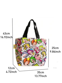 白色蜡笔小新紧凑型手提包，可折叠扁平手提包，轻质棉质帆布，大胆人物印花，加固手柄，内有拉链口袋，可容纳杂货、书籍、旅行必需品，可重复使用，可机洗，适合动漫粉丝和收藏家的礼物 - 白色 - 查看 2