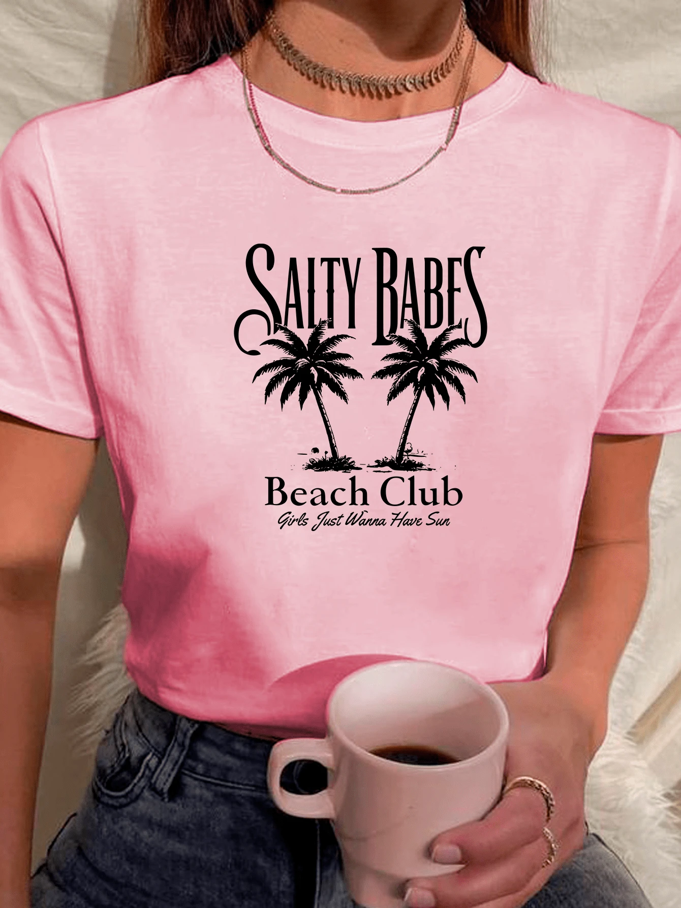 Camiseta Feminina Babylook T Shirt Estilosa Moda Praia Coqueiros Verão Varias Cores 100% Algodão - Rosa Bebê - Visão 1