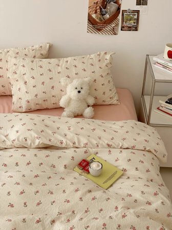 3pcs 100% Polyester Fresh Striped & Ditsy Floral Bedding Set, 2 Pillowcases + 1 Duvet Cover (No Bed Sheet)